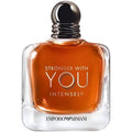 Emporio Armani perfume bottle with 'Stronger with You Intensely' text on a white background